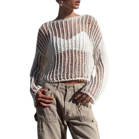 Heklet, hul strikket genser for kvinner, crop tops, langermet genser, cropped