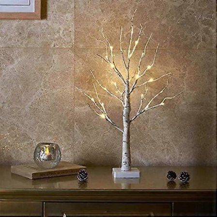 Hvitt juletre med lys Mini bjørkekvist tre ornament med 24 varmhvite LED-lys Batteridrevet borddekorasjon til jul (60 cm/2 fot)