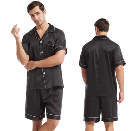 Herr Satin Pyjamas Set Kortärmad Skjorta och Shorts Svart