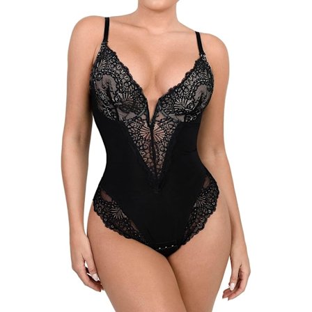 Popilush Spetsformare Body Dam V-ringad Mage Body Suit Strängar Svart