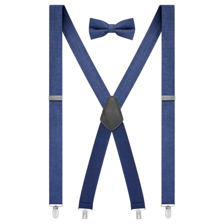 Conjunto de Suspensórios de Molas Cruzados atrás em Ganga Azul-escuro e Laço Pré-atado para homens - Conjuntos de laço