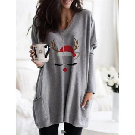 Print Med Fickor T-shirt V-hals Baggy Pullover