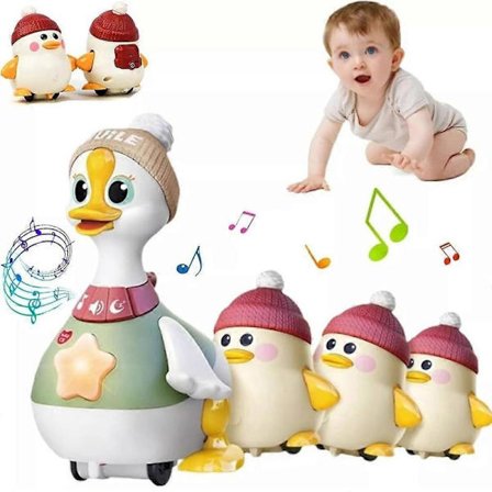 Tegneserie lekeand vugge, trykknappbil, glidende dyr, pullback-bil, pedagogisk leketøy for tidlig barndom (En gåsemor + tre gjess)