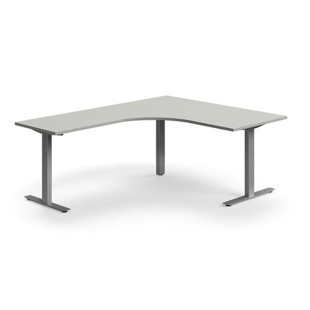 Skrivebord QBUS, L-formet, 1600x2000 mm, T-stel, sølvfarvet stel, lysegrå