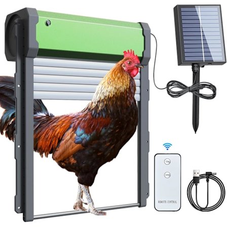 Solcelledrevet rulleport for høns, automatisk hønseport solcelle, hønseluke med timer, lyssensor, fjernkontroll, intelligent antiklembeskyttelse