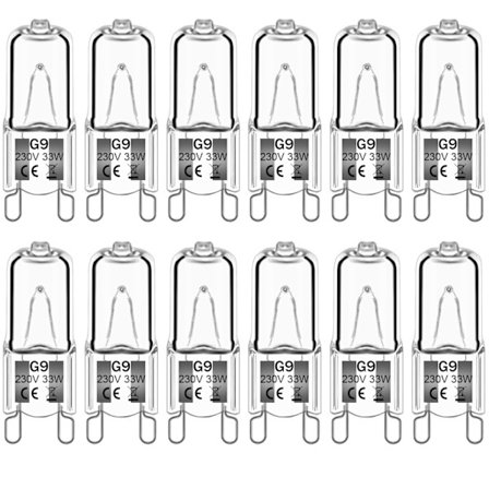 12-pakning G9 Halogenpærer, 33W 230V 2800K Varmhvit, 380 Lumen, Transparent, Dimbar, Flimmerfri