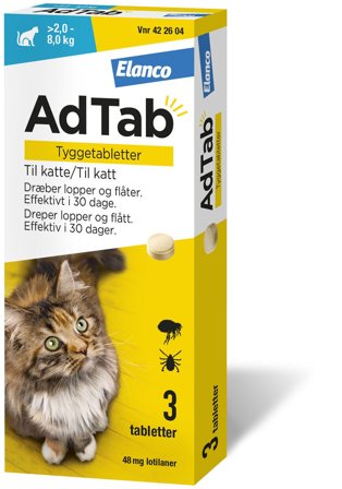 AdTab 48 mg tyggetabletter til katt (>2,0-8,0 kg) 3 stk
