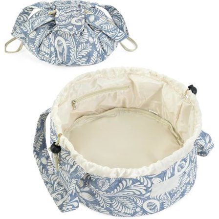 Sylinterimäinen meikkipussi kiristysnyörillä, suuri kosmetiikkalaukku, meikkipussit, naisten toilettilaukku (siniset lehdet) (patentti)