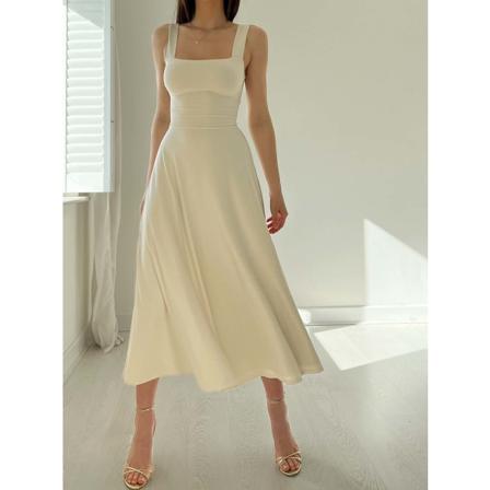 Sommarnya kvinnors tjocka axelbälte Slim Fit midjeklänning Cream color xs