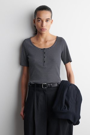 COS Women's Ribbed Henley T-Shirt in Black