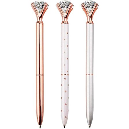 3 stk. Diamant, Stor Krystal Diamant, Bling Metal, Pen Kontor og Skole, Sølv / Hvid Rose Polka Dot / Rosaguld, Inkluderer 3 Pen Påfyldninger.