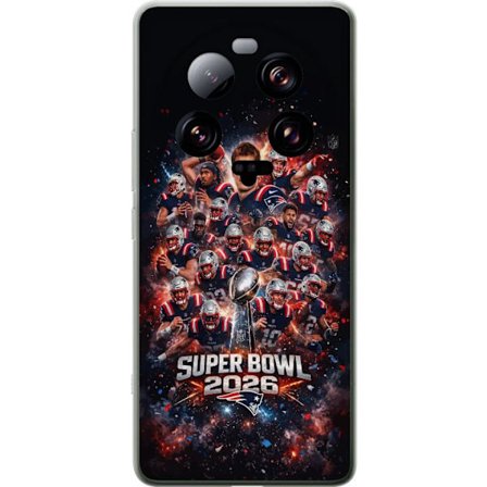 Yhteensopiva Puhelinkuori Xiaomi 13 Ultra Super Bowl 2026 juliste, jossa New England Patriots ja NFL-mestaruuspalkinto räjähtävän urheilullisessa suun