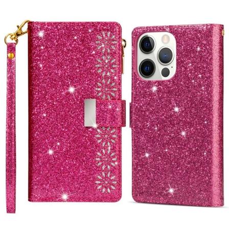 Iphone 14 Plus Laser Carving Glittery Starry Style Zipper Fodral Rosa
