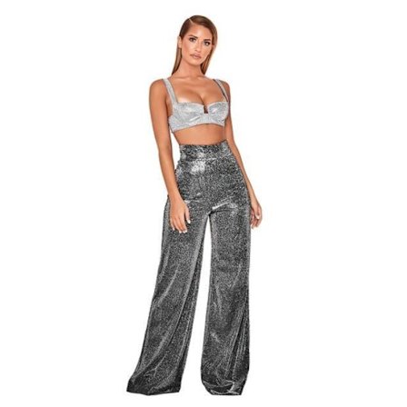 Dam Glittrig glitter byxor med vida ben med hög midja