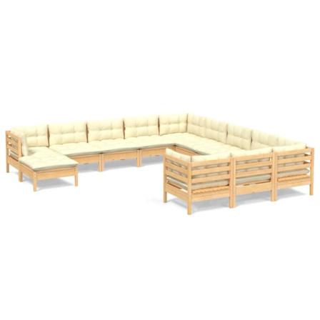 Vidaxl Loungegrupp Med Gräddvita Dynor 12 Delar Massiv Furu Creme
