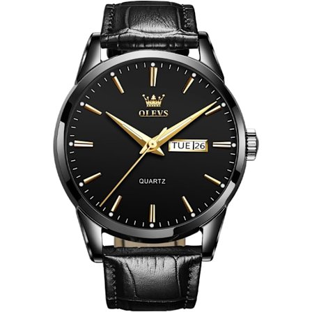 Brun Læder Guld Urkasse Quartz Ur Herre Lysende Dag Dato Vandtæt (Sort)