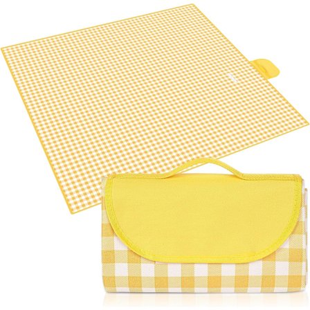 200*150CM Picnic Tæppe (Gule og Hvide Fliser), Foldbart Picnic Tæppe, Vandtæt, Ideel til Parker, Vandreture, Camping og Familierejser