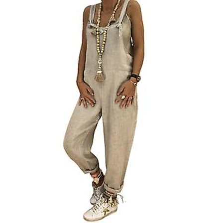 Dame vår sommer casual løse lange bib bukser jumpsuits baggy bomullslin look rompers overalls bukser pluss størrelse (L grå hvit)