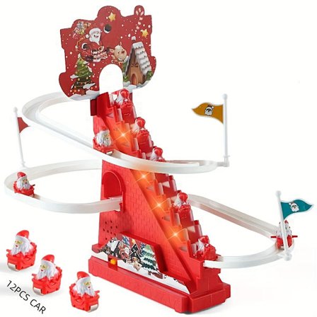 Glidbana Leksak, Elektrisk Spårbana Stege Klättring Glidleksak med Mini Bil Jultomte Tema Pedagogiska Pusselleksaker med Musik [DB]