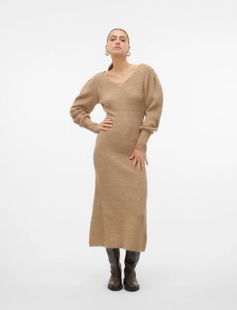 Vero Moda Vmangalina Ls V-Neck 7/8 Knit Dress Vma - Beige - L