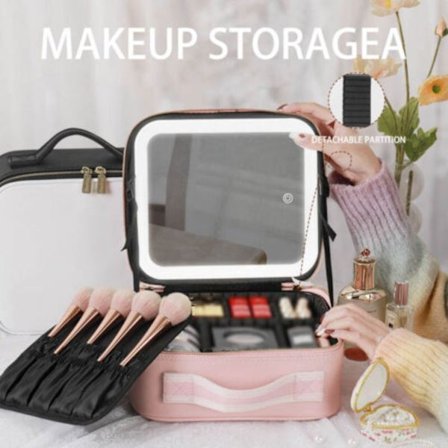 Kosmetisk sminkeveske med stor kapasitet til reise med speil og LED-lys