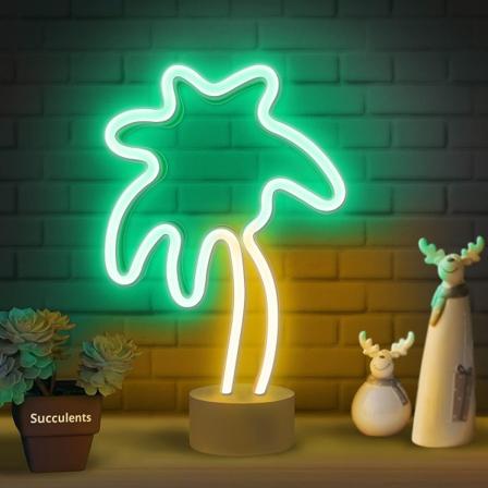 Palmuvalo neonlogo - kookospalmu neon makuuhuoneeseen, työpöydälle, työpöydän koristeluun - Akku / USB LED-palmuvalo - Palmuvalo pidikkeellä - vihreä 