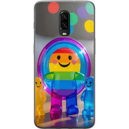 Kompatibelt Mobildeksel til OnePlus 6T Regnbågsfärgad leksaksfigur med glatt ansikte och färgglada cirklar i lekfull studioillustration