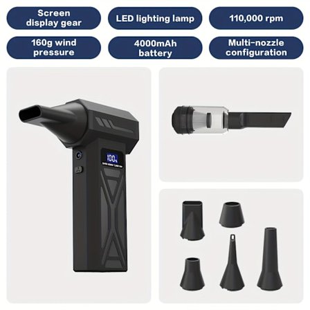 2026 Ny Turbo Jet Vifte Trådløs Håndholdt, 2*2000mAh 4-Hastigheter med Digitalt Display & 5 Dyser for Bil & Støv