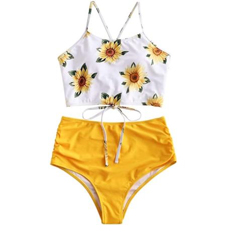 Tankini-sett for kvinner med bladtrykk, snøring og høy midje