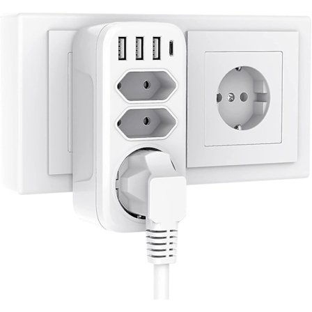 3 Stikkontakter med 3 USB-porte og 1 Type-C-port, 7-i-1 Stikadapter med USB-oplader (hvid)