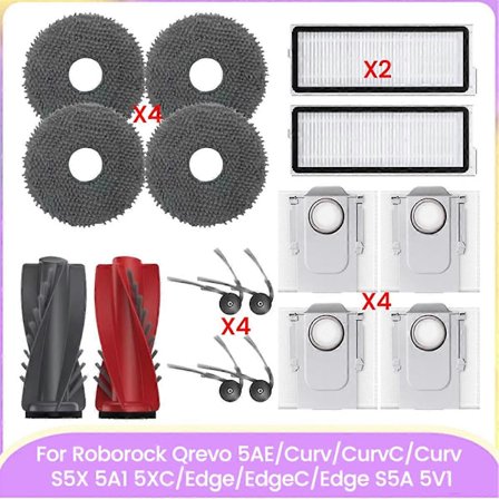 Varaosat Roborock Qrevo Edge/Qrevo Edge S5A pääharjalle, sivuharjalle, Hepa-suodattimelle, pölypussille, moppiliinalle Cl