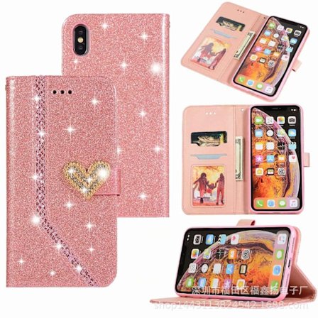 Deksel til iPhone 14 Pro Max rosa hjerte glitter diamant kortspor lommebok skinn