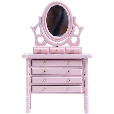 Miniature dukkehus forfængelighedsbord møbler makeup toiletbord med spejl og 4 skuffer mini hus tilbehør stue scene dekoration (Pink)