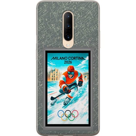 Kompatibel Mobilcover til OnePlus 7 Pro Curling illustration med spillere og sten på isen, Milano Cortina 2026, snedækkede stænk og olympiske ringe