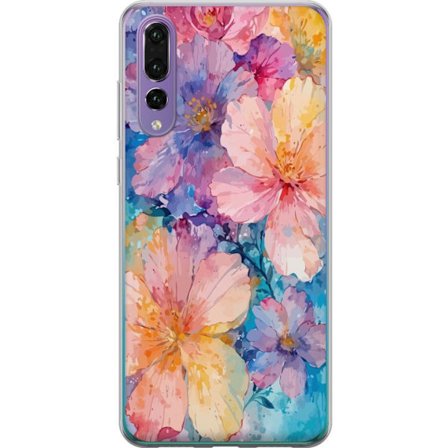 Kompatibelt Mobildeksel til Huawei Huawei P20 Pro Akvarellmaling med store blomster i rosa, blå og gule toner i en myk kunstnerisk stil.