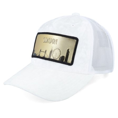 Calza Pennello - Vit trucker Keps - London Gold Patch Velvet White A-frame Trucker @ Hatstore
