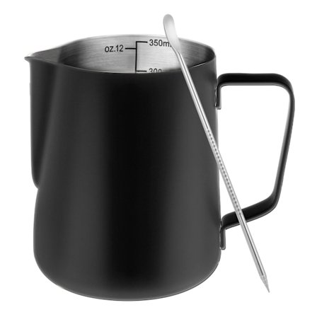Milk Frothing Pitcher, 35 cl Milk Steaming Jug with Clear Markings, 304 Stainless Steel Cappuccino Espresso Machine Accessories Black