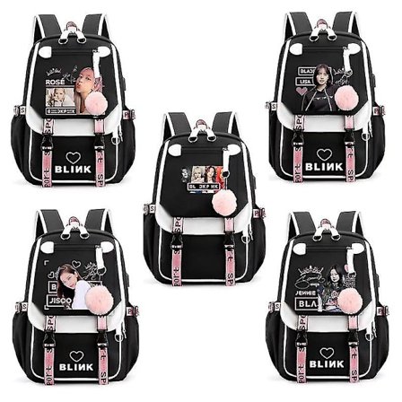 BlackPink Rygsæk Laptop Taske Skoletaske Med hul til USB Opladningshovedtelefon Lisa, Sort