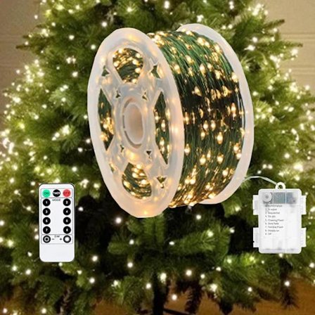 QU-LED Julgransljusslinga, Batteridriven, Juldekoration med 100/200/300 LED-lampor för Trädgård, Uteplats, Bröllopsdekorationer (Varmvit, 20 m)