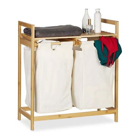 Relaxdays Tvättkorg bambu 2 tvättpåsar 2 fack förvaring korg för tvätt, 60 L, natur
