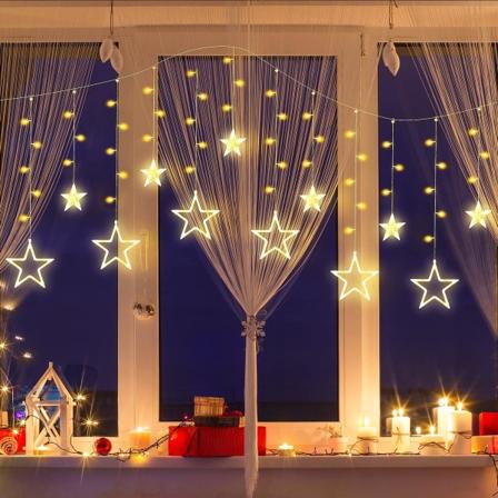138 LED 12 stjerners gardinlys dråpe fe lysstrenger vanntett for utendørs bruk 8 lysmoduser timing for Ramadan fest bryllup vindu jul