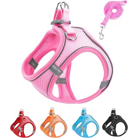 S Rosa Mjukt Mesh Hundsele och Koppelsats, Rymningssäker Lätt Promenad Valpsele, Reflex Justerbar Valpväst (Rosa, S)