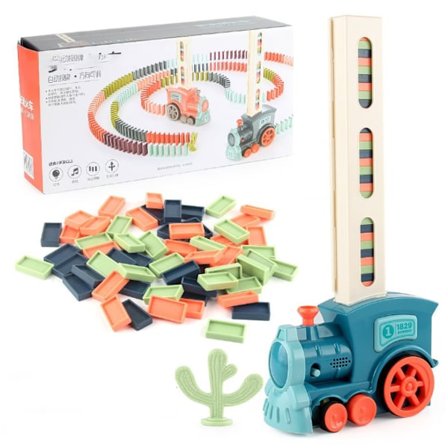 Elektrisk dominobane, blå blokke elektrisk dominobane, automatisk dominolæggertog med lys og musik, pædagogisk legetøj til børn over 3 år