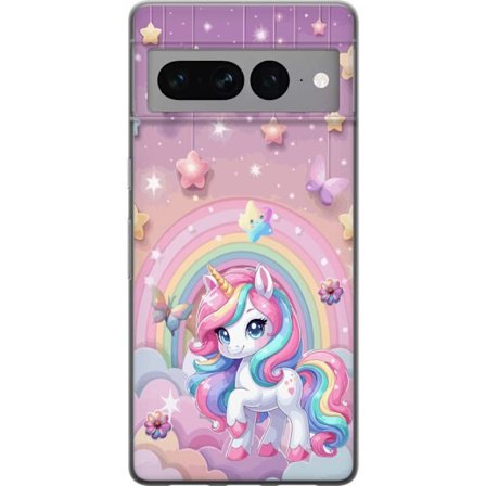 Kompatibel Mobilcover til Google Pixel 7 Pro Magisk enhjørning med regnbue manke, stjerner og sommerfugle mod en pastelfarvet himmel med skyer