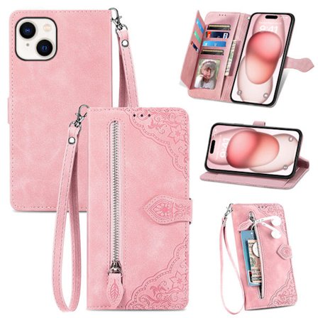 iPhone 15 puhelinkotelo kaulanauhalla ja korttipaikalla, pinkki.