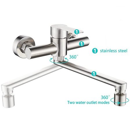 Vægmonteret køkkenhane med 2 dyser Vask blandingsbatteri 360 Drejeligt vægmonteret køkken Justerbar tud Rustfrit Stål 304