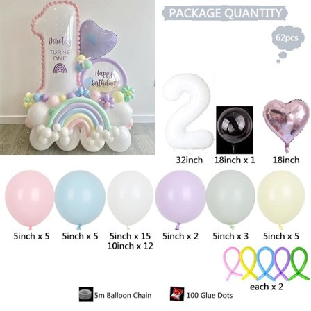 62 stk. Sæt med søde pastel regnbue skyer 2 års folieballoner til fødselsdagsfest dekoration