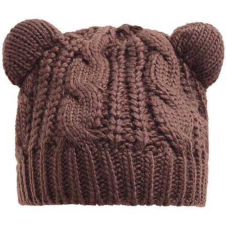 Sød Strikket Uldhue med Katteører til Kvinder, Damehovedbeklædning, Hæklet Hue Brun