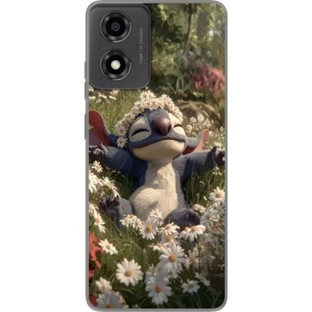 Yhteensopiva Puhelinkuori Motorola Motorola Moto E14 Sininen makea fantasiahahmo lepää kukkaniityllä, jossa on kukkaseppele, rento keväisteema ja