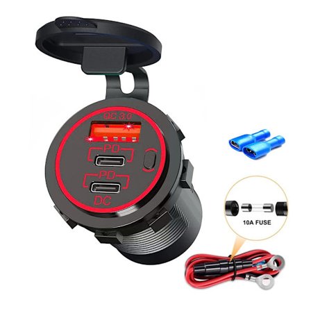 12V/24V USB C Billaddare Uttag 65W Dubbel PD Typ C & 18W QC3.0 Ström Uttag Snabbladdning för Bil Marin Lastbil RV Båt Motorcykel